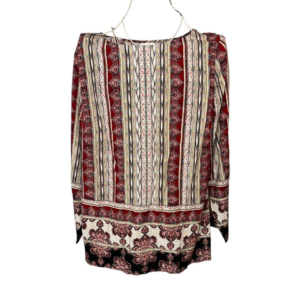 J. Jill red, black and ivory multicolored East Indian Print Long Sleeve Tunic